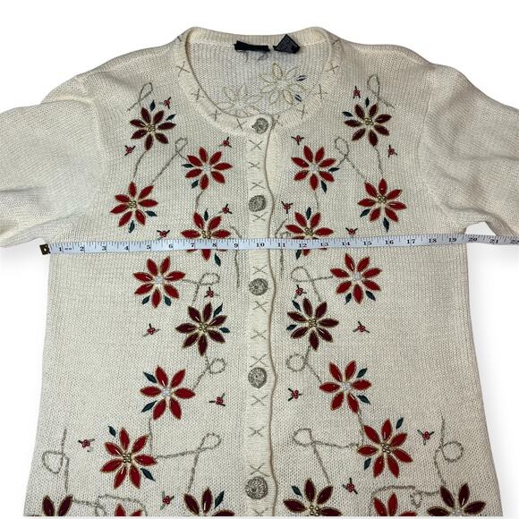 Vintage In Resource Cream Poinsettia Beaded Holiday Cardigan Sweater Sz Medium - Picture 9 of 10